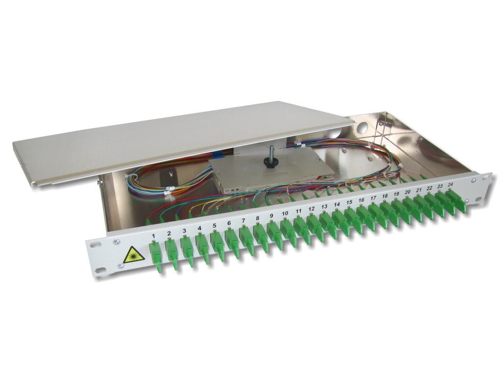 FPF-24EA92-LWL-Spleissbox-24-E2000-APC-spleissfertig 19" LWL Spleißbox 1HE 24 LSH/APC HRL simplex 9/125µm OS2 komplett spleißfertig mit Kupplungen und Pigtails bestückt