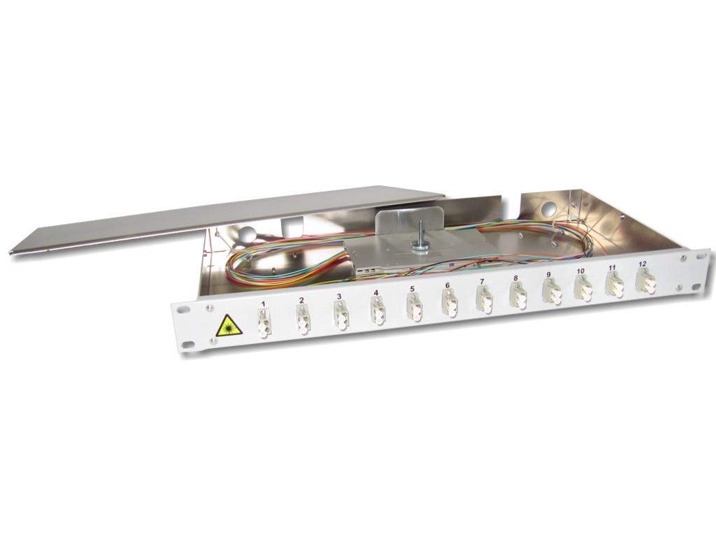 FPF-12LCD-52 19" LWL Spleißbox 1HE 12xLC-duplex 50/125µm OM2 komplett spleißfertig abgesetzt Kupplungen Pigtails bestückt