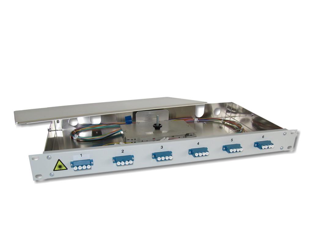 FPF-6LCQ92-19-LWL-Patchpanel-6-LC-quad-OS2 19" LWL Spleißbox 1HE 6x LC-quad 9/125µm OS2 komplett spleißfertig mit Kupplungen und Pigtails bestückt