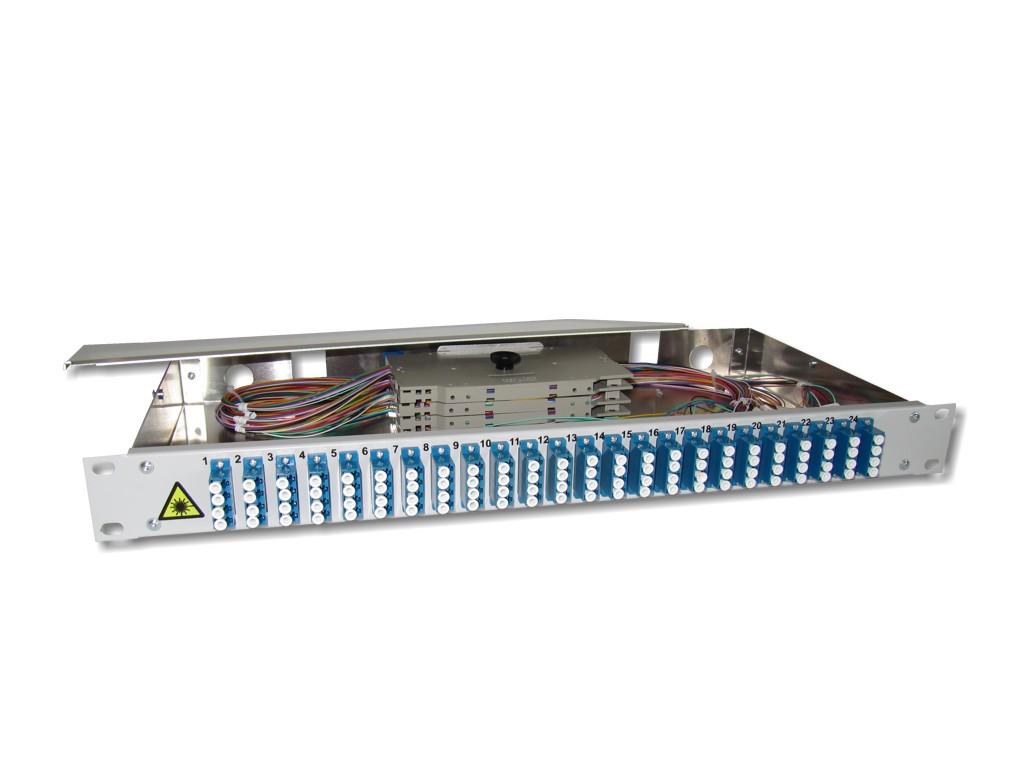 FPF-24LCQ92-19-LWL-Patchpanel-24-LC-quad-OS2 19" LWL Spleißbox 1HE 24x LC quad 9/125µm OS2 komplett spleißfertig mit Kupplungen und Pigtails bestückt