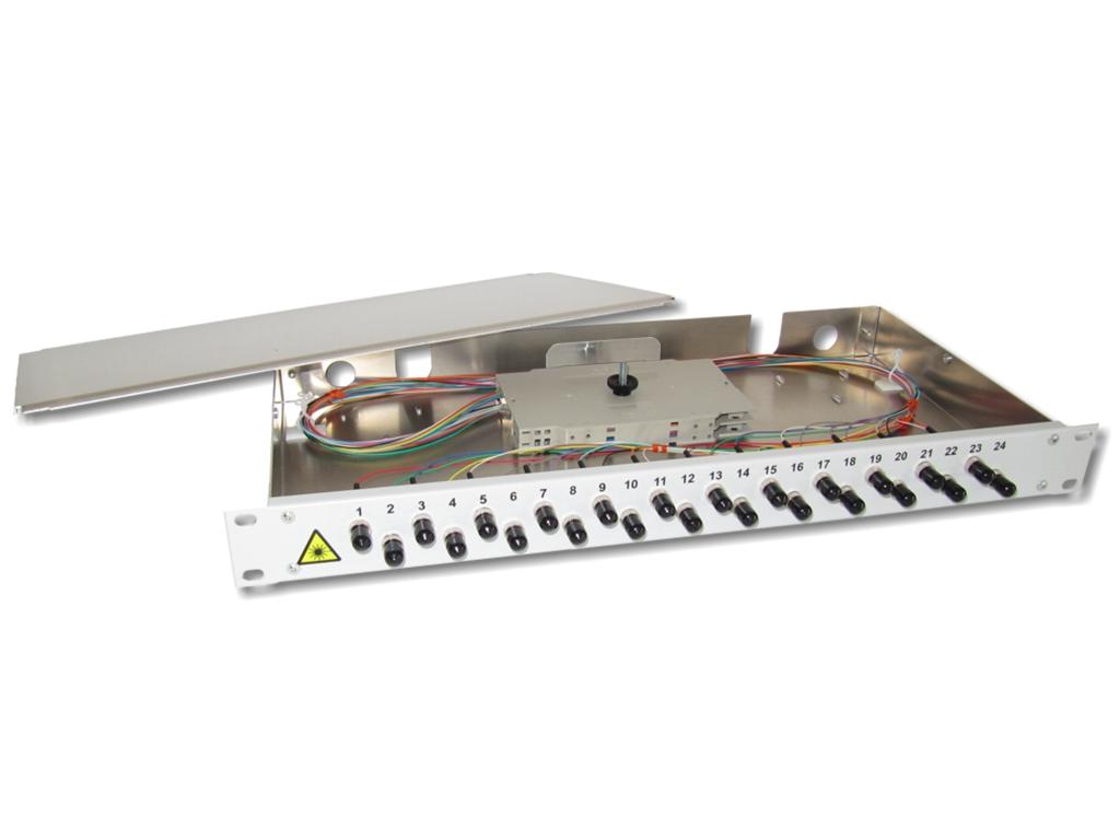 FPF-24ST52-lwl-panel-24-st-om2 19" LWL Spleißbox 1HE 24xST 50/125µm OM4 komplett spleißfertig mit Kupplungen und Pigtails bestückt