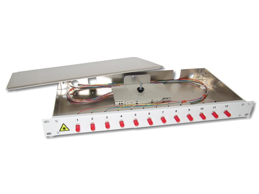 FPF-12ST-92 19" LWL Spleißbox 1HE 12xST 9/125µm OS2 komplett spleißfertig mit Kupplungen und Pigtails bestückt