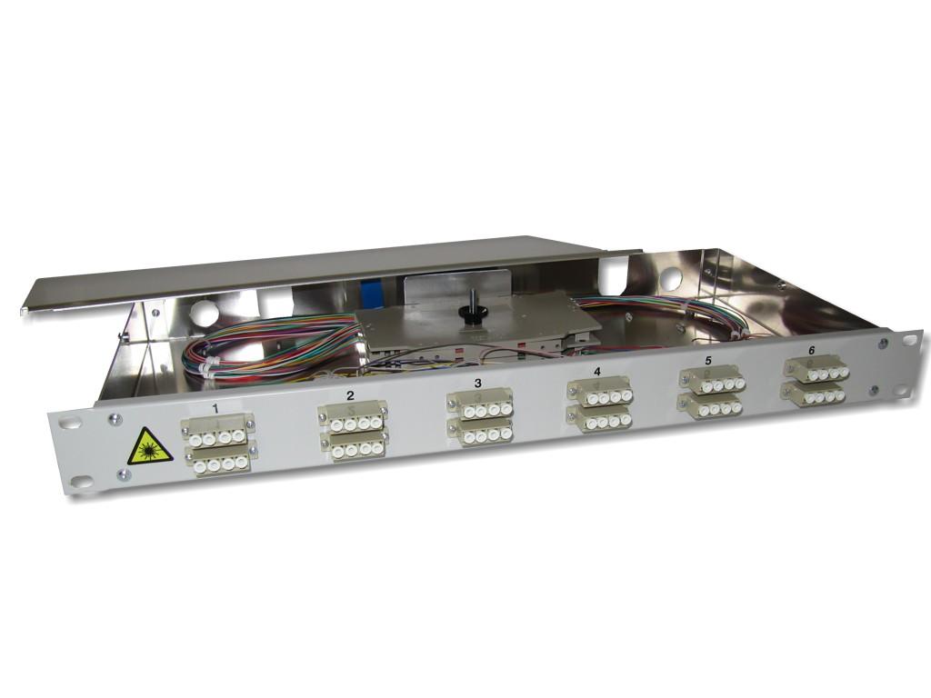 FPF-12LCQ52-19-LWL-Patchpanel-12-LC-quad-OM2 19" LWL Spleißbox 1HE 12x LC quad 50/125µm OM2 komplett spleißfertig mit Kupplungen und Pigtails bestückt