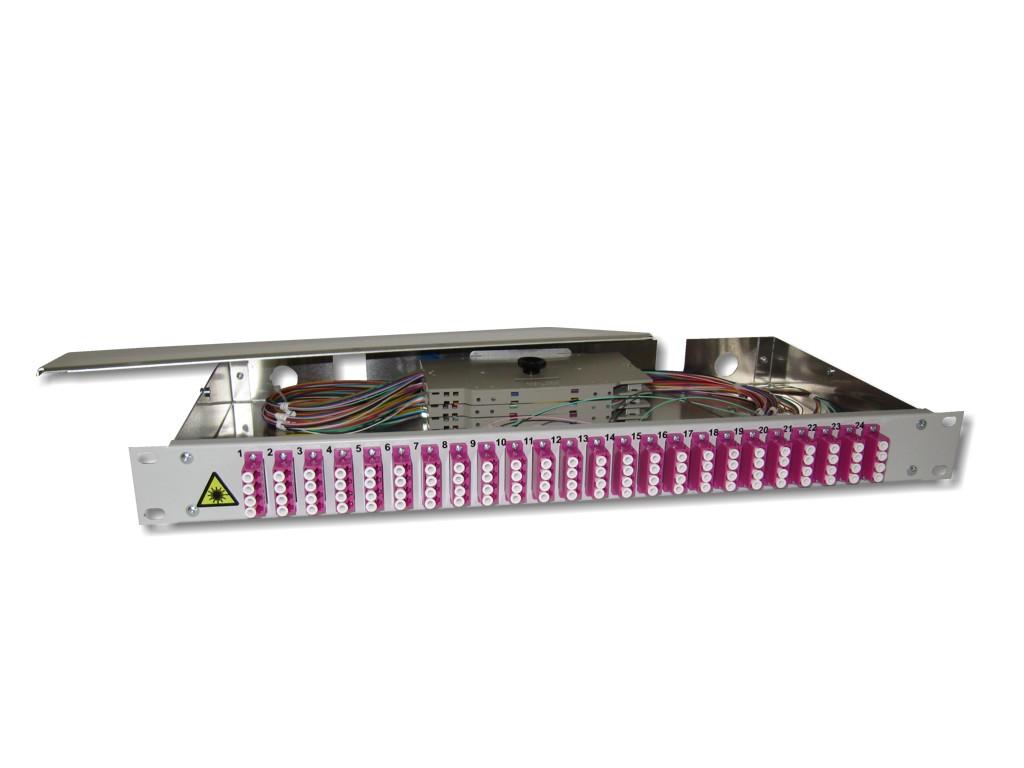 FPF-24LCQ54-19-LWL-Patchpanel-24-LC-quad-OM4 19" LWL Spleißbox 1HE 24 LC quad 50/125µm OM4 komplett spleißfertig mit Kupplungen und Pigtails bestückt