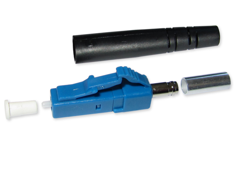 LC/PC simplex Stecker singlemode blau für 3mm Kabel mit schwarzem Knickschutz