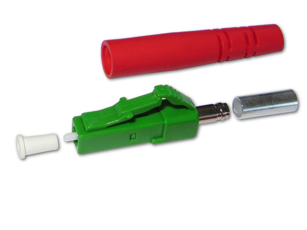 LC/APC simplex LWL Stecker singlemode grün für 3mm Kabel mit rotem Knickschutz