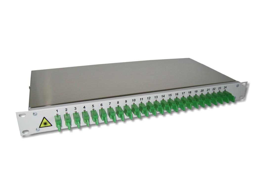 FPF-24EA24-LWL-Spleissbox-24-E2000APC-Kupplungen 19" LWL Patchpanel 1HE 24 LSH/APC HRL simplex 9/125µm OS2 komplett spleißfertig mit Kupplungen und Pigtails bestückt