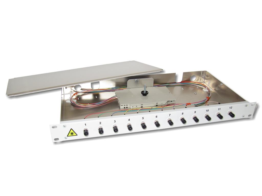 FPF-12ST52-lwl-spleissbox-12-st-om2 19" LWL Spleißbox 1HE 12xST 50/125µm OM4 komplett spleißfertig mit Kupplungen und Pigtails bestückt