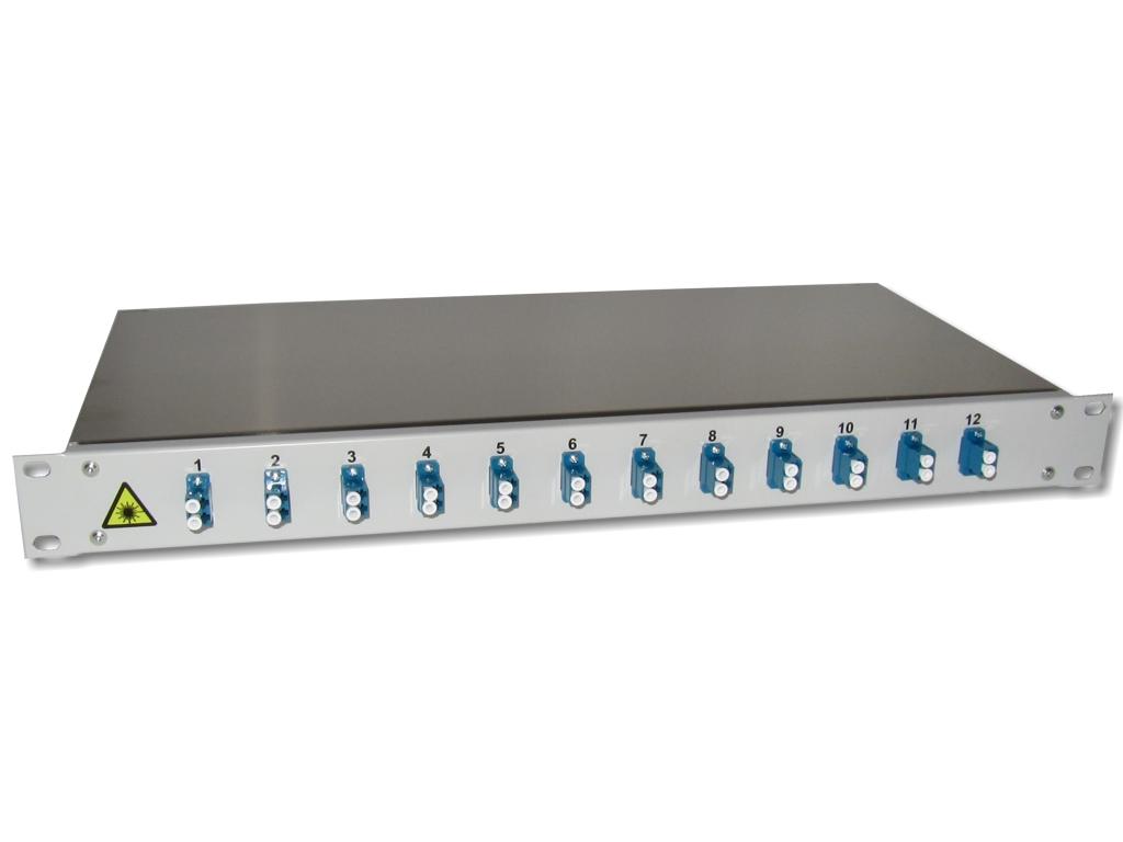FPF-12LCD-12S 19" LWL Patchpanel 1HE 12xLC-duplex 9/125µm OS2 komplett spleißfertig mit Kupplungen und Pigtails bestückt