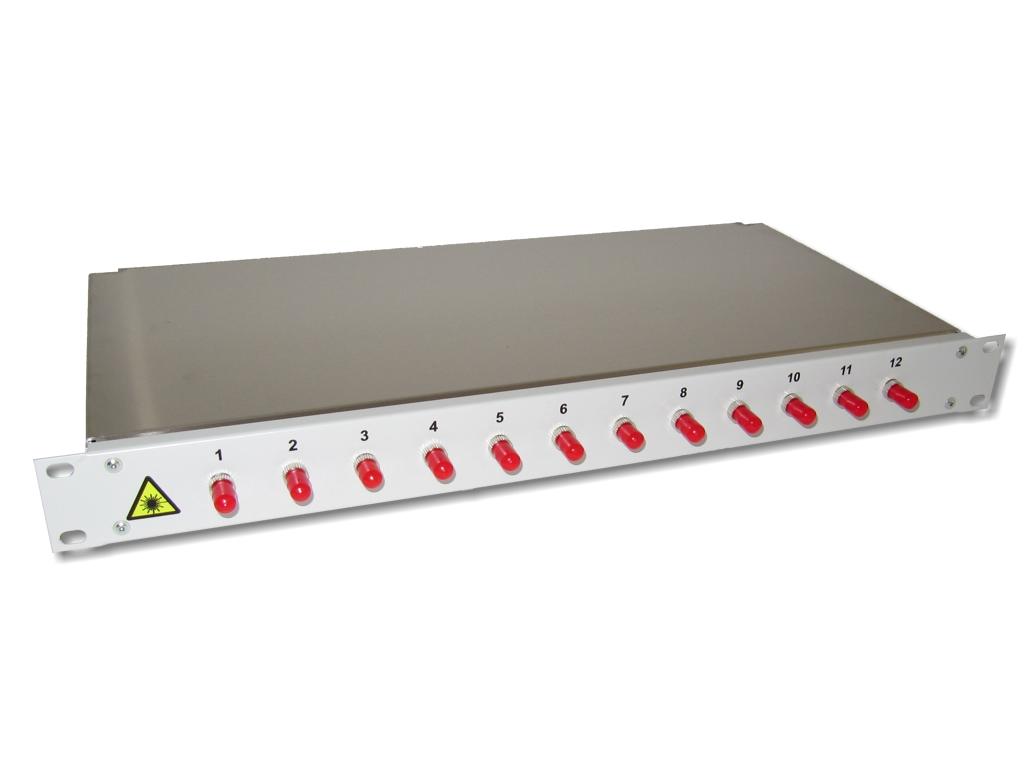 FPF-12ST-12s 19" LWL Spleissbox 1HE 12xST 9/125µm OS2 komplett spleißfertig mit Kupplungen und Pigtails bestückt