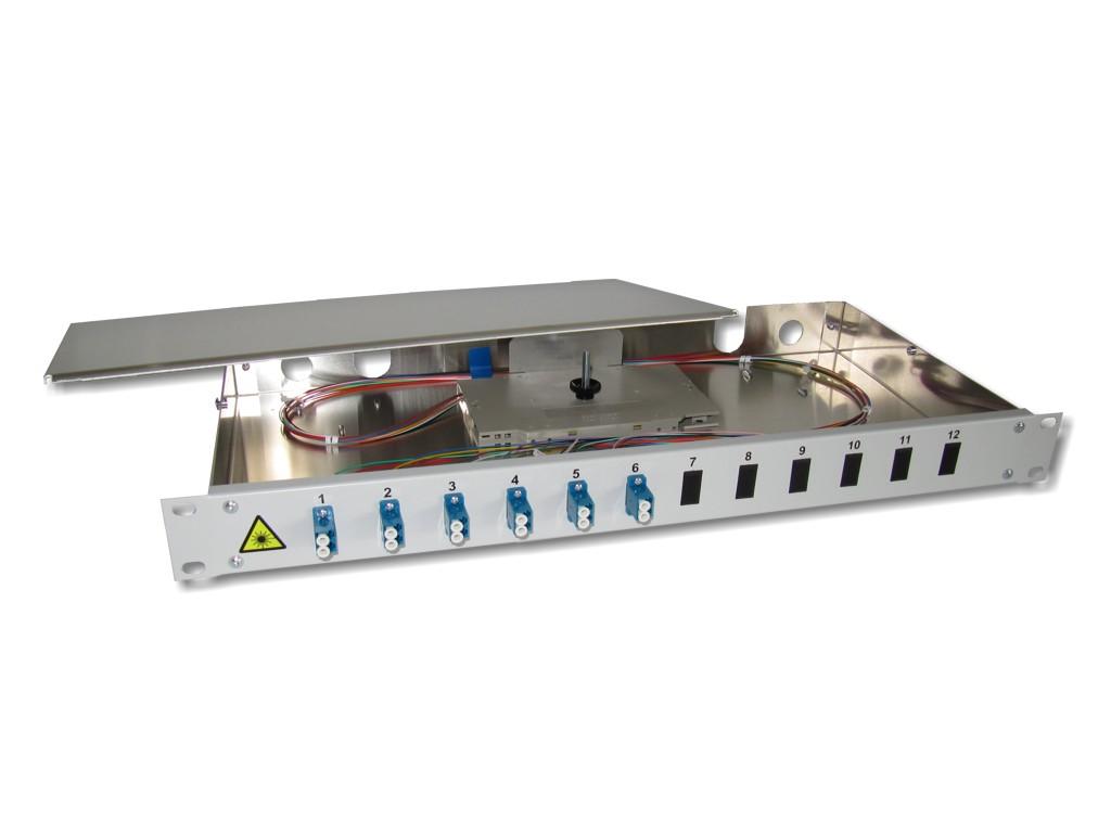 FPF-6LCD-92-19-LWL-Spleissbox-6-LC-duplex-singlemode-OS2 19" LWL Spleißbox 1HE 6xLC-duplex 9/125µm OS2 komplett spleißfertig mit Kupplungen und Pigtails bestückt