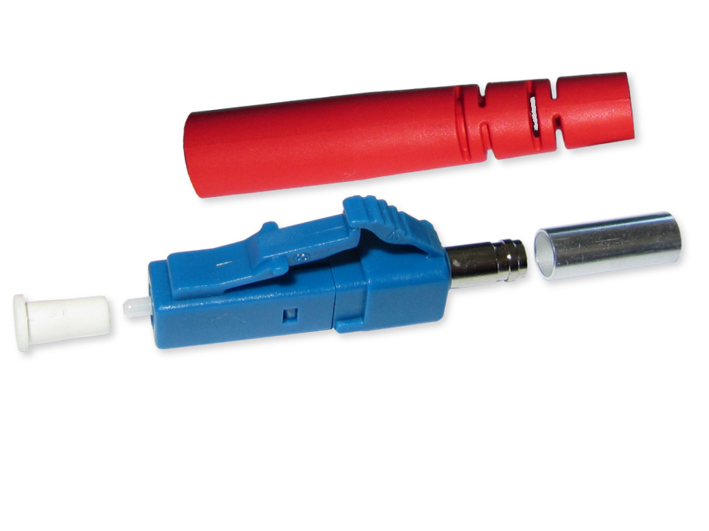 LC/PC simplex Stecker singlemode blau für 3mm Kabel mit rotem Knickschutz