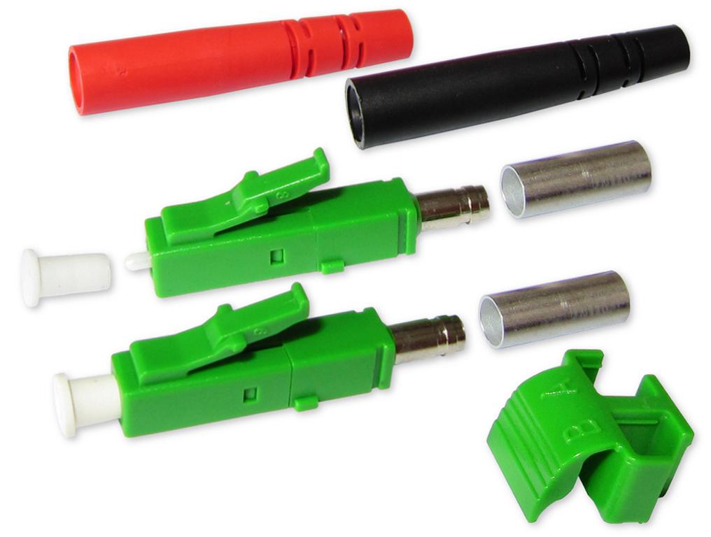 LC/APC duplex Stecker singlemode grün für 3mm Kabel mit rot/schwarzem Knickschutz