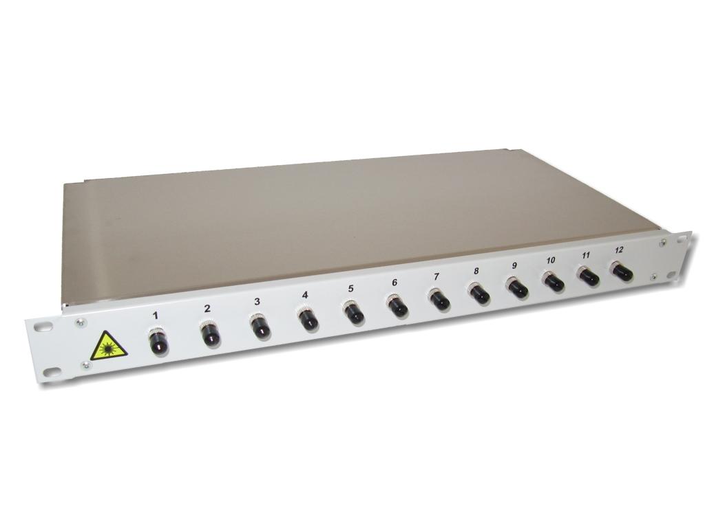 FPF-12ST-M 19" LWL Spleißgehäuse 1HE 12xST 50/125µm OM4 komplett spleißfertig mit Kupplungen und Pigtails bestückt