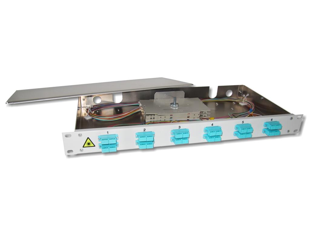 FPF-12SCD53 19" LWL Spleißbox 1HE 12xSC-duplex 50/125µm OM3 komplett spleißfertig mit Kupplungen und Pigtails bestückt