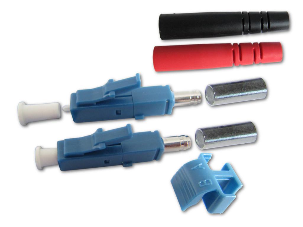 LC duplex Stecker singlemode blau für 3mm Kabel mit rot/schwarzem Knickschutz
