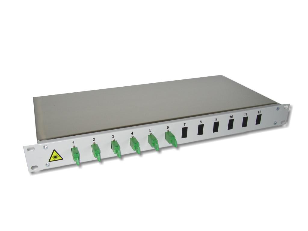 FPF-12EA6-LWL-Spleissbox-6-E2000APC-Kupplungen 19" LWL Spleißbox 1HE mit 6 LSH/APC simplex singlemode Kupplungen grün bestückt