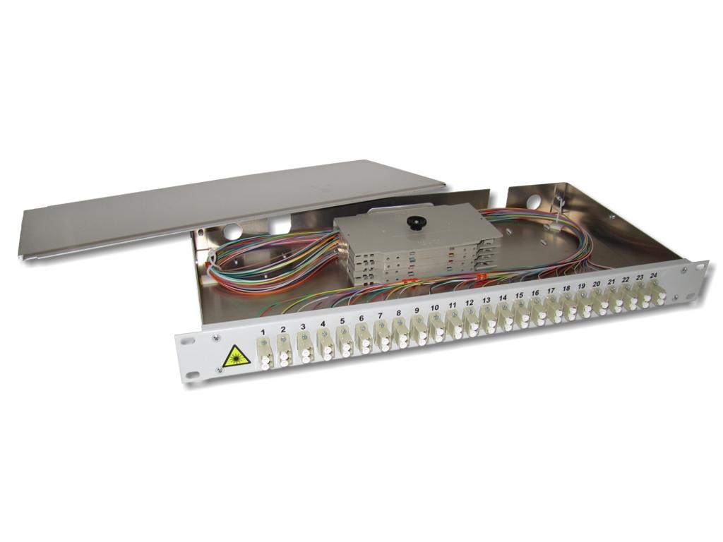 PA24LCD-50 19" LWL Spleißbox 1HE 24xLC-duplex 50/125µm OM2 komplett spleißfertig mit Kupplungen und Pigtails bestückt
