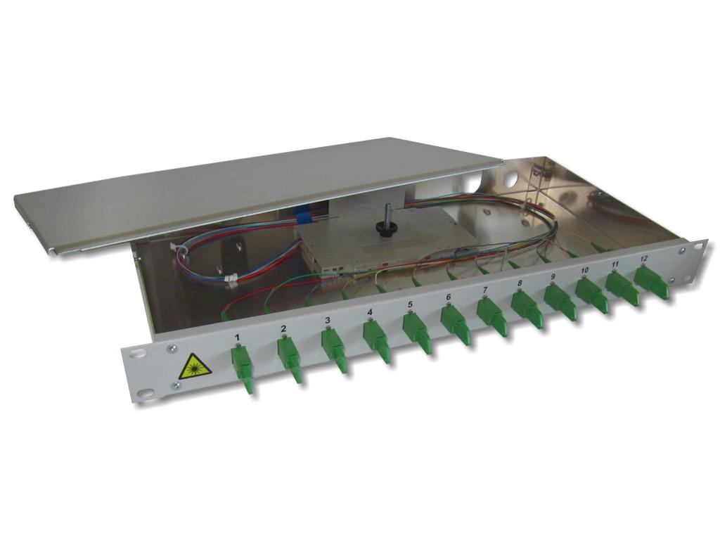 FPF-12EA92-LWL-Spleissbox-12-E2000-APC-spleissfertig595511082a128 19" LWL Spleißbox 1HE 12 LSH/APC 9/125µm OS2 komplett spleißfertig mit Kupplungen und Pigtails bestückt