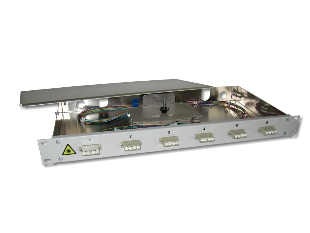 FPF-6LCQ-52-19-LWL-Patchpanel-6-LC-quad-OM2 19" LWL Spleißbox 1HE 6x LC quad 50/125µm OM2 komplett spleißfertig mit Kupplungen und Pigtails bestückt