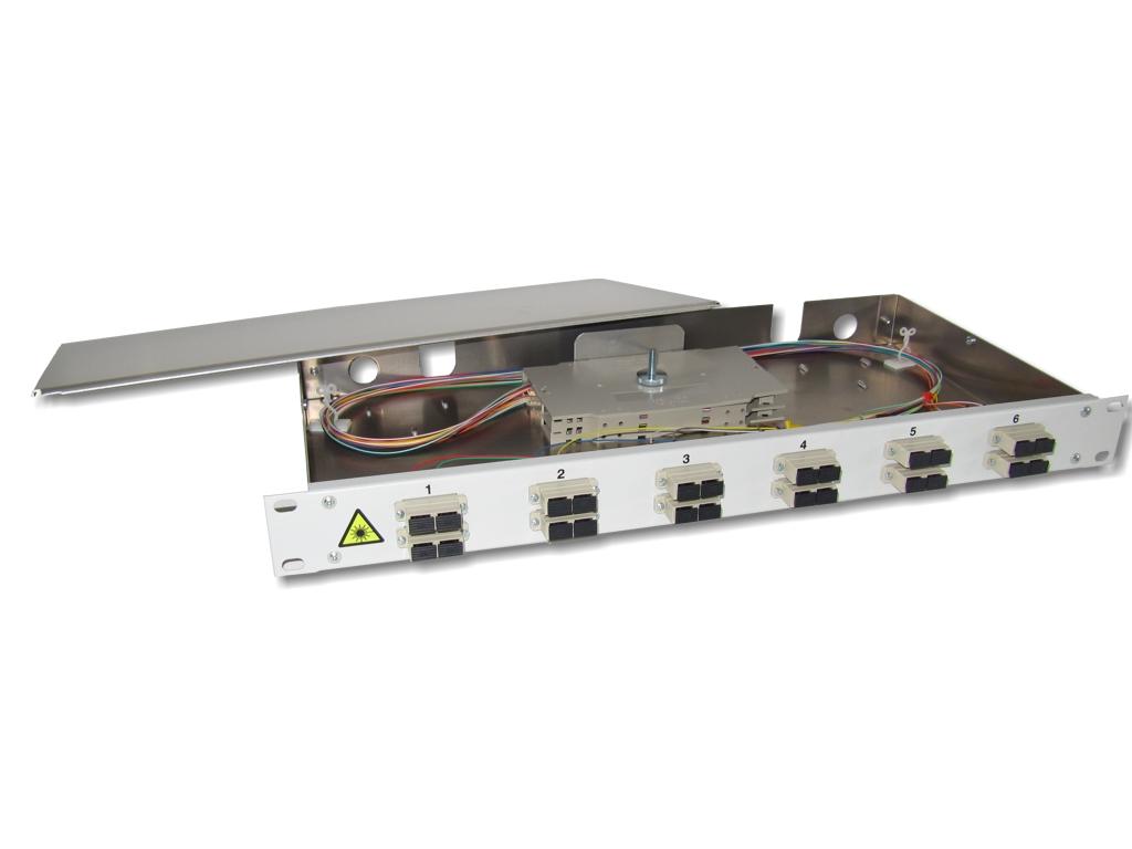 FPF-12SCD52-lwl-patchpanel-12-sc-duplex-om2 19" LWL Spleißbox 1HE 12xSC-duplex 50/125µm OM2 komplett spleißfertig mit Kupplungen und Pigtails bestückt
