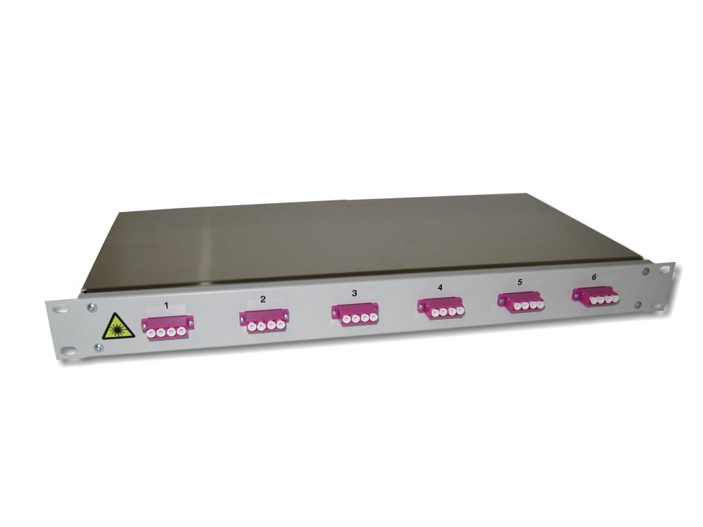 FPF-6LCQ6-M4-LWL-Spleissbox-6-LC-quad-OM44l3EQMLfsPmOX 19" LWL Panel 1HE 6 LC quad 50/125µm OM4 komplett spleißfertig mit Kupplungen und Pigtails bestückt