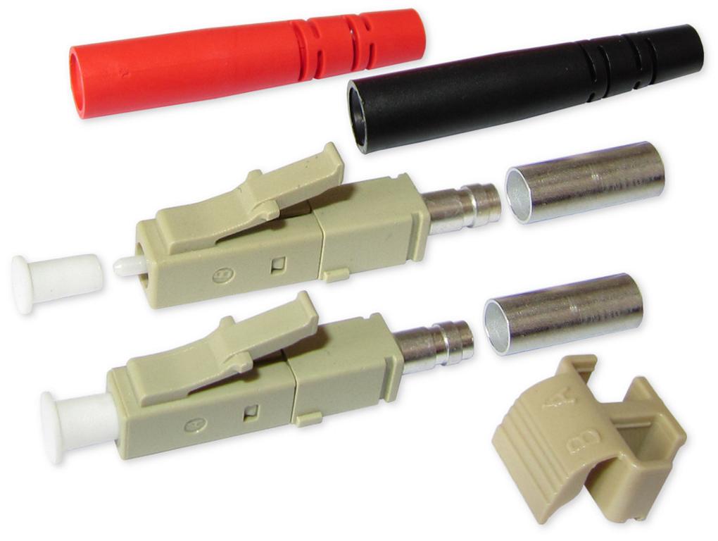 LC duplex Stecker multimode beige für 3mm Kabel mit rot/schwarzem Knickschutz