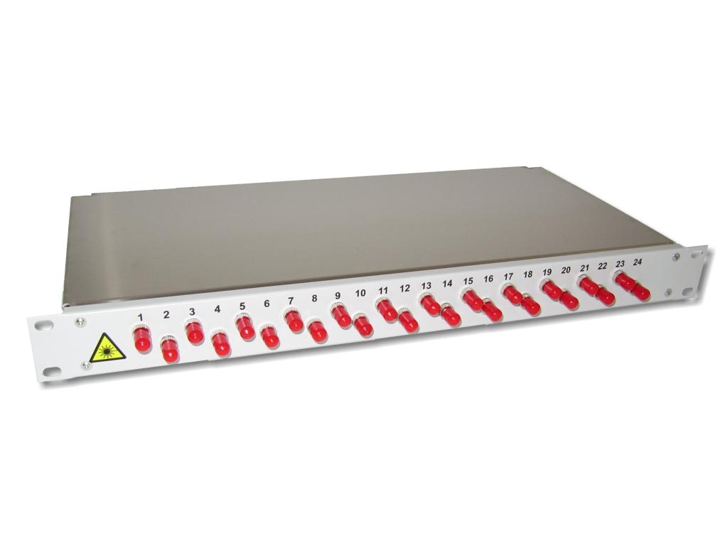FPF-24ST-24S 19" LWL Verteiler 1HE 24xST 9/125µm OS2 komplett spleißfertig mit Kupplungen und Pigtails bestückt