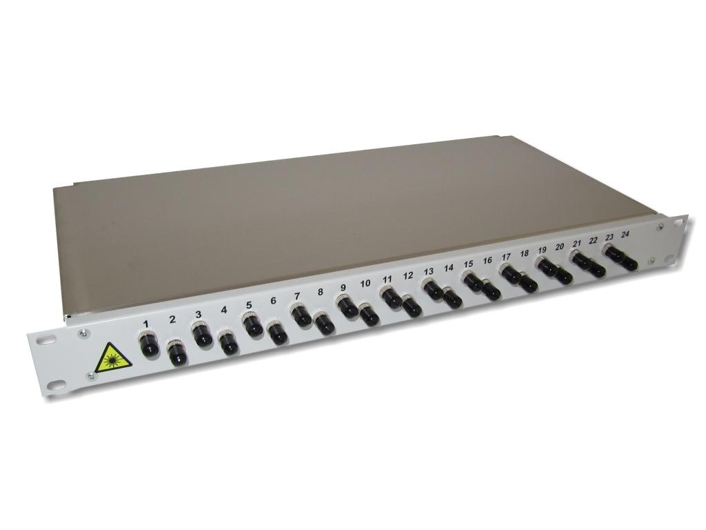 FPF-24ST24-M 19" LWL Patchpanel 1HE 24xST 50/125µm OM4 komplett spleißfertig mit Kupplungen und Pigtails bestückt