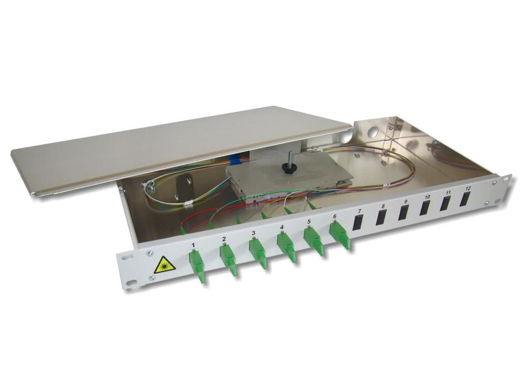FPF-6EA92-Spleissbox-6-E2000-APC-spleissfertig 19" LWL Spleißbox 1HE 6 LSH/APC 9/125µm OS2 komplett spleißfertig mit Kupplungen und Pigtails bestückt