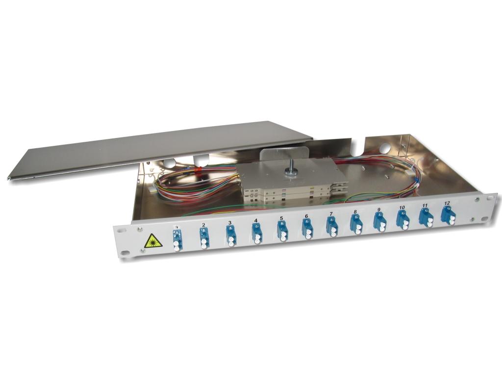 PA12LCD-9 19" LWL Spleißbox 1HE 12xLC-duplex 9/125µm OS2 komplett spleißfertig mit Kupplungen und Pigtails bestückt