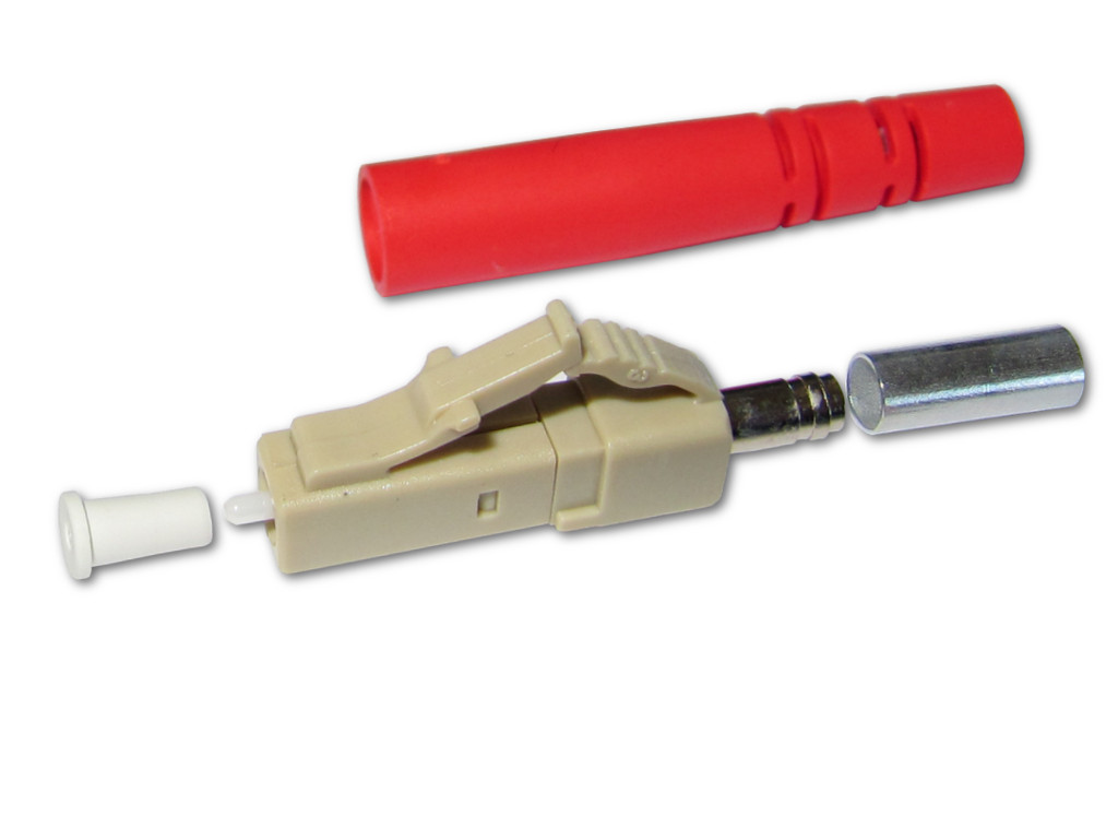 LC simplex Stecker multimode beige für 2mm Kabel mit rotem Knickschutz