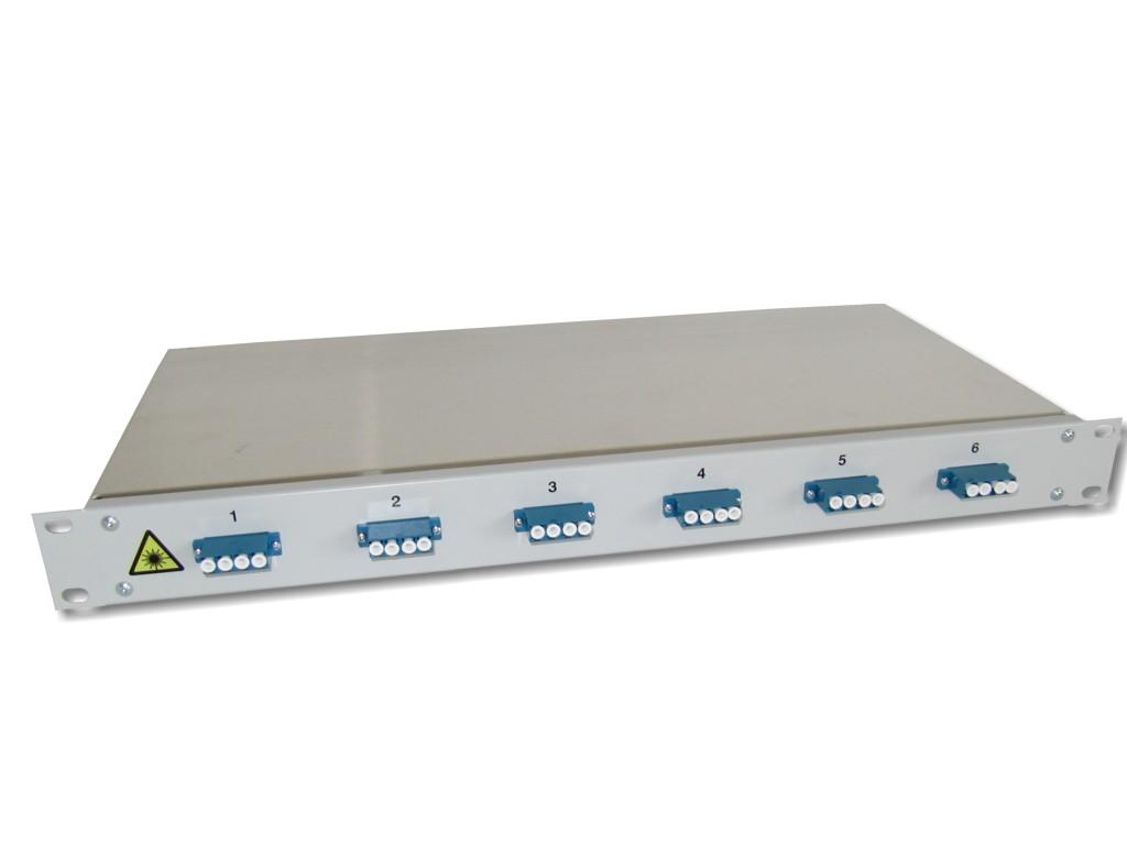 FPF-6LCQ6-S-LWL-Spleissbox-6-LC-quad-OS28Q38HBZaML7kg 19" LWL Spleissbox 1HE 6x LC-quad 9/125µm OS2 komplett spleißfertig mit Kupplungen und Pigtails bestückt