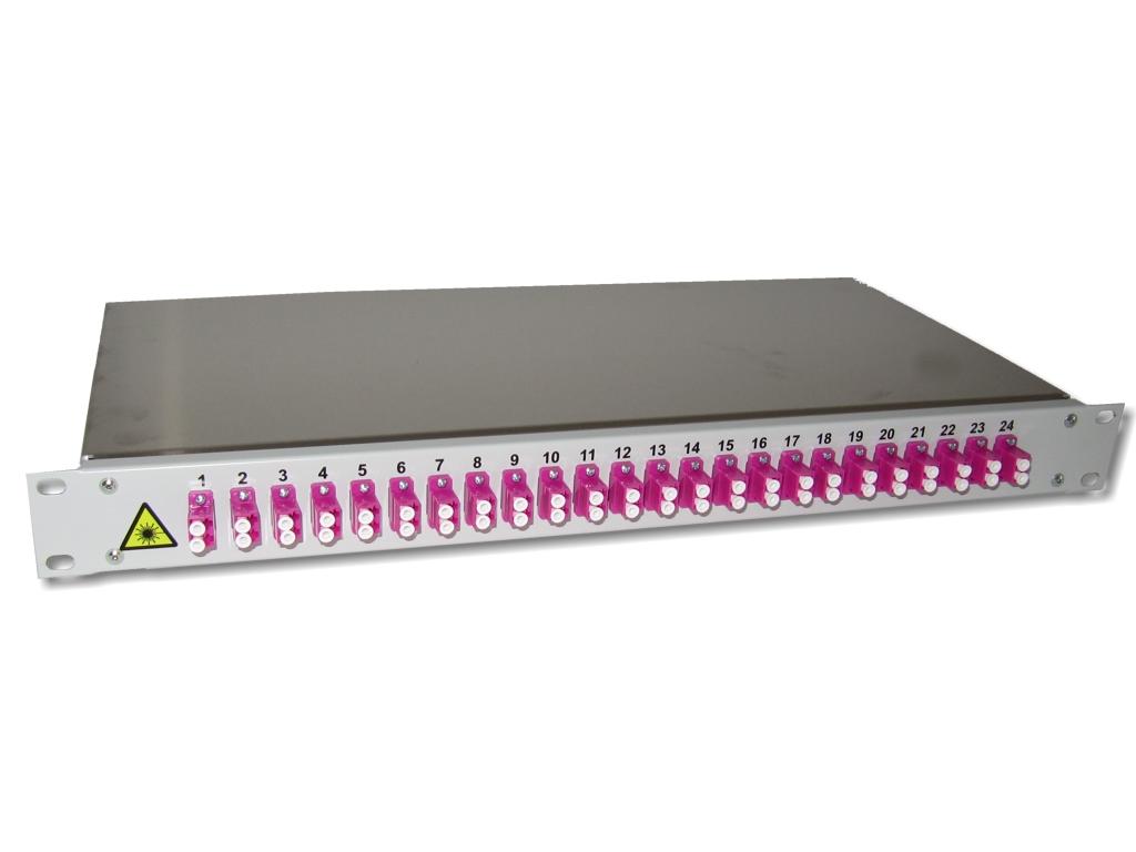 FPF-24LCD-AD-24-S 19" LWL Spleißbox 1HE mit 24 LC duplex multimode Kupplungen erikaviolett OM4 bestückt