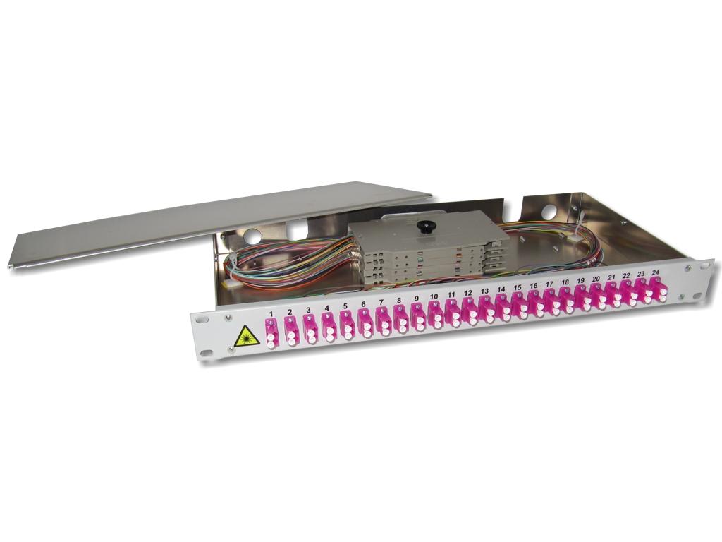 PA24LCD-50-OM4 19" LWL Spleißbox 1HE 24xLC-duplex 50/125µm OM4 komplett spleißfertig mit Kupplungen und Pigtails bestückt