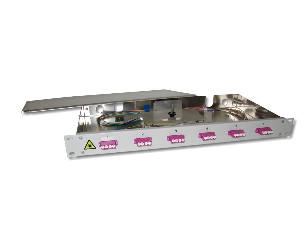 FPF-6LCQ54-19-LWL-Patchpanel-6-LC-quad-OM4 19" LWL Spleißbox 1HE 6 LC quad 50/125µm OM4 komplett spleißfertig mit Kupplungen und Pigtails bestückt