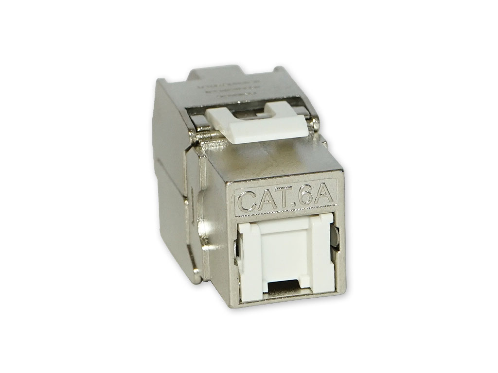 Premium RJ45 Cat.6A Keystone Modul werkzeuglos, geschirmt, mit Shutter weiß
