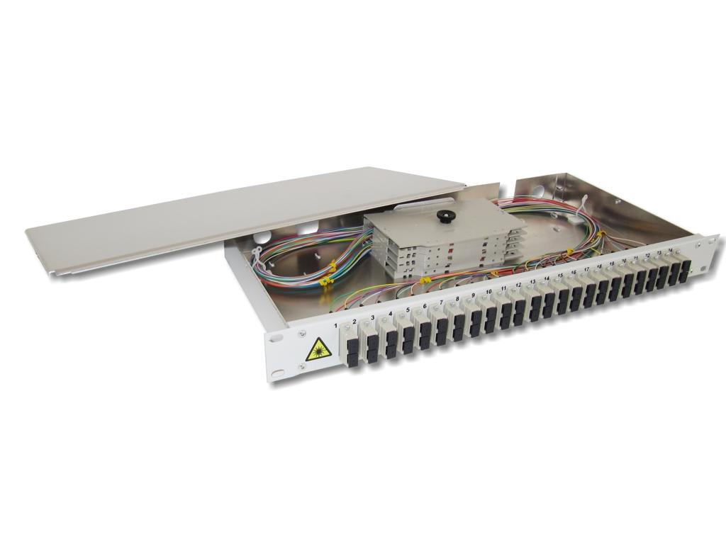 FPF-24SCD52-lwl-spleissbox-24-sc-duplex-om2 19" LWL Spleißbox 1HE 24xSC-duplex 50/125µm OM2 komplett spleißfertig mit Kupplungen und Pigtails bestückt