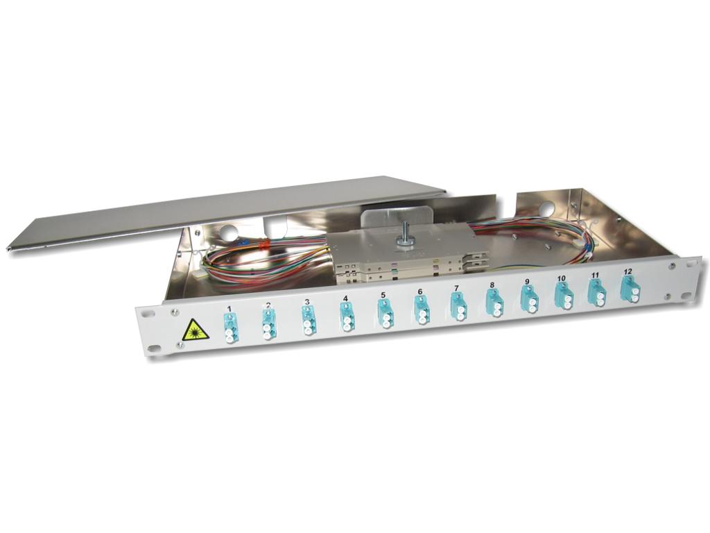 PA12LCD-50-OM3 19" LWL Spleißbox 1HE 12xLC-duplex 50/125µm OM3 komplett spleißfertig mit Kupplungen und Pigtails bestückt