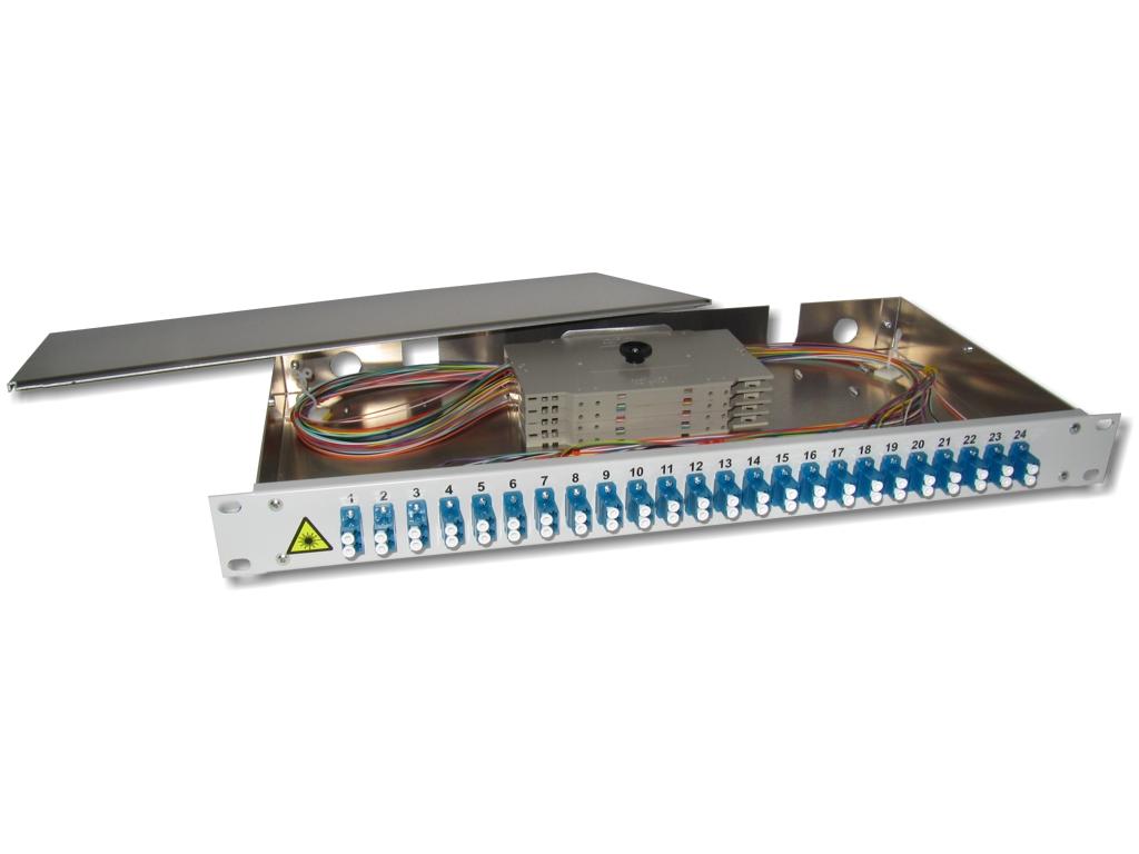 PA24LCD-9 19" LWL Spleißbox 1HE 24xLC-duplex 9/125µm OS2  komplett spleißfertig mit Kupplungen und Pigtails bestückt
