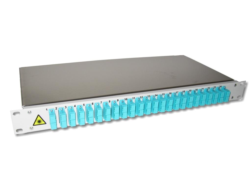 FPF-24SCD-24M3 19" LWL Spleißgehäuse 1HE 24xSC-duplex 50/125µm OM3 komplett spleißfertig mit Kupplungen und Pigtails bestückt