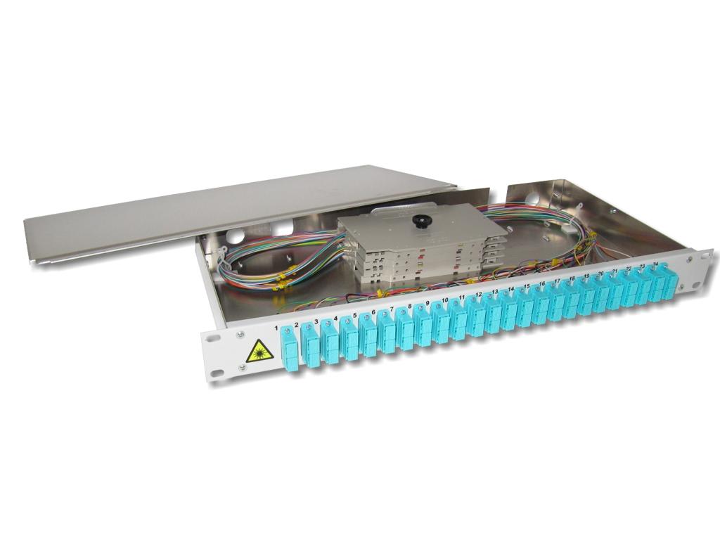 FPF-24SCD53 19" LWL Spleißbox 1HE 24xSC-duplex 50/125µm OM3 komplett spleißfertig mit Kupplungen und Pigtails bestückt