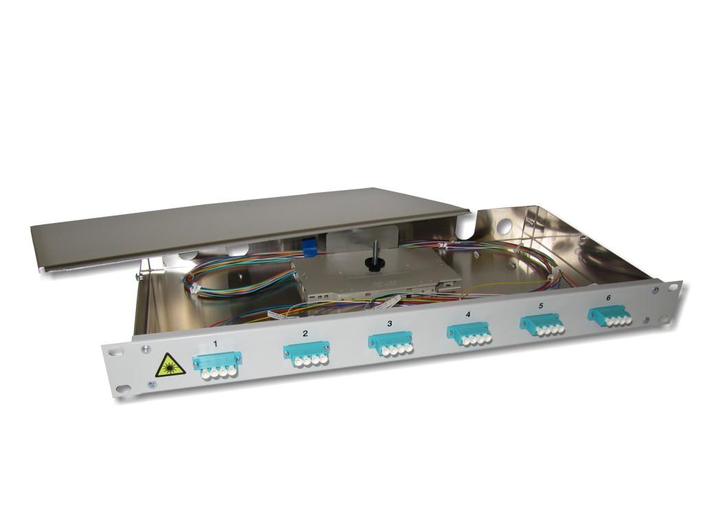 FPF-6LCQ53-19-LWL-Patchpanel-6-LC-quad-OM3 19" LWL Spleißbox 1HE 6x LC quad 50/125µm OM3 komplett spleißfertig mit Kupplungen und Pigtails bestückt