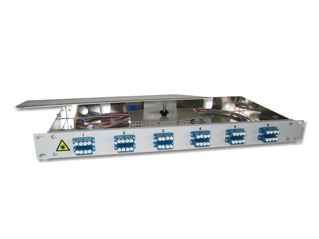 FPF-12LCQ92-19-LWL-Patchpanel-12-LC-quad-OS2 19" LWL Spleißbox 1HE 12x LC-quad 9/125µm OS2 komplett spleißfertig mit Kupplungen und Pigtails bestückt