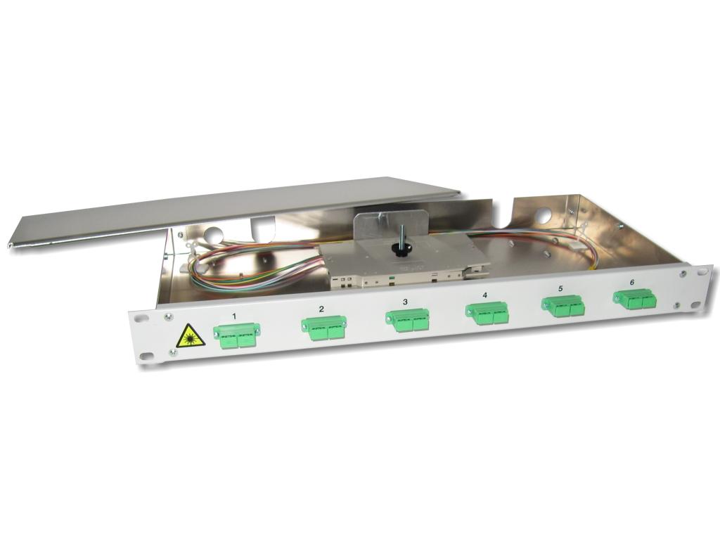 FPF-6SAD92 19" LWL Spleißbox 1HE 6xSC/APC-duplex 9/125µm OS2 komplett spleißfertig mit Kupplungen und Pigtails bestückt