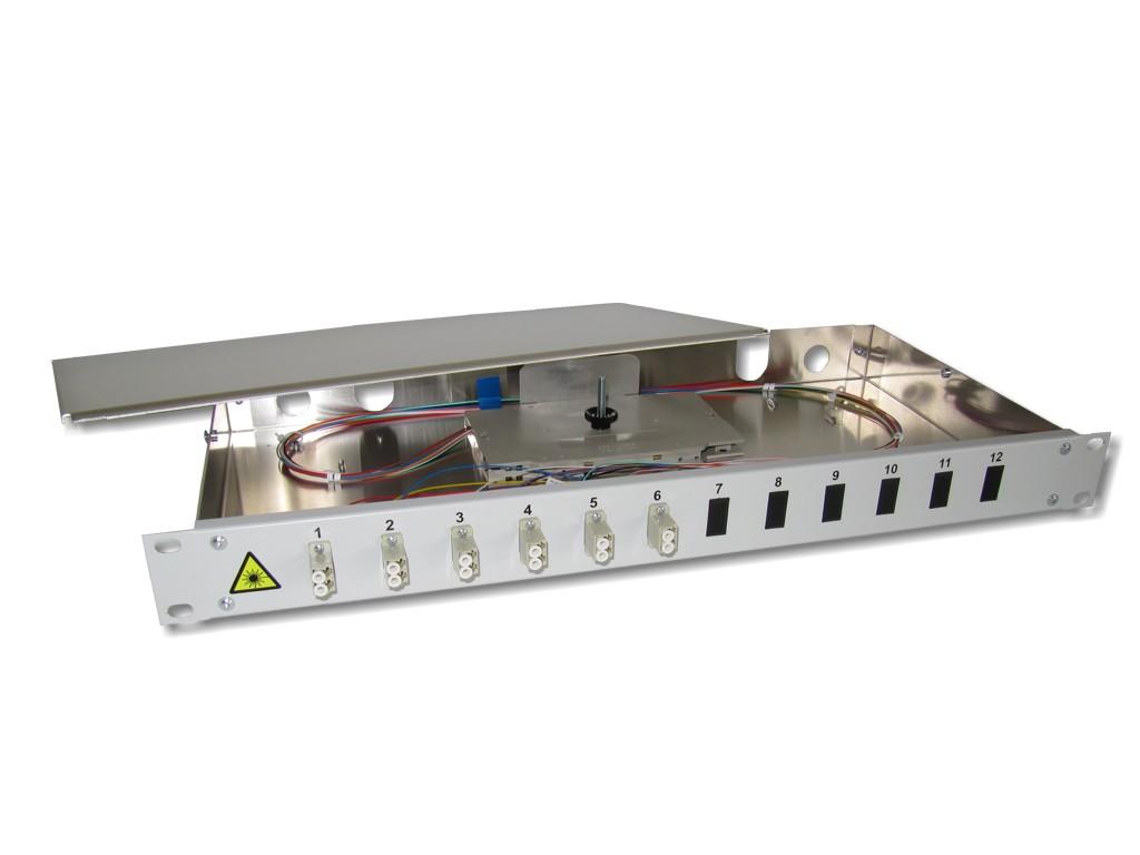 FPF-6LCD-52-19-LWL-Patchpanel-6-LC-duplex-OM2 19" LWL Spleißbox 1HE 6xLC-duplex 50/125µm OM2 komplett spleißfertig mit Kupplungen und Pigtails bestückt